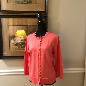 Cardigan Sweater, Button front, Scalloped Accents, Melon Color Size Large